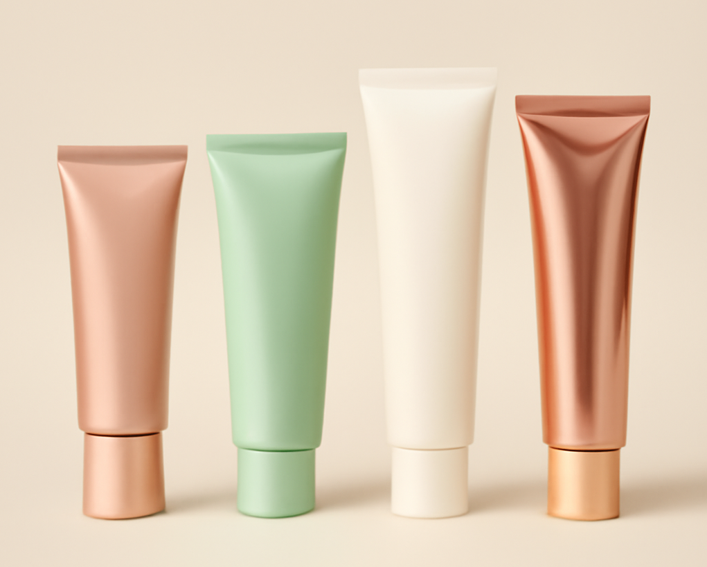 cosmetic tubes in gold, green, white and rose gold
