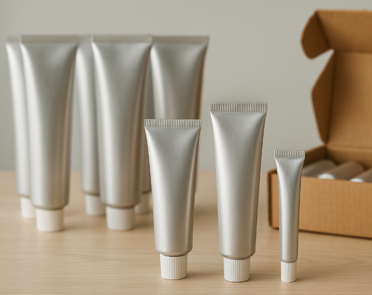silver cosmetic plastic tubes in different sizes with box packaging