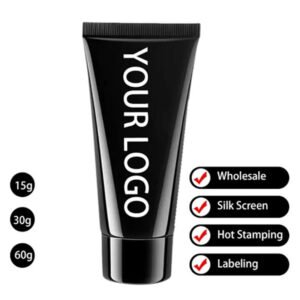 High-quality empty black acrylic poly gel tubes for nail extension. Available in 15ml, 30ml, 60ml sizes with private label & wholesale packaging in stock.