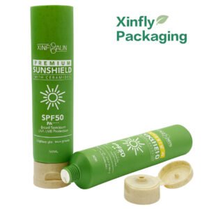 Eco-friendly 50ml wheat straw plastic sunscreen tube with flip cap by Xinfly Packaging — sustainable cosmetic packaging for SPF 50 skincare and sunblock products.